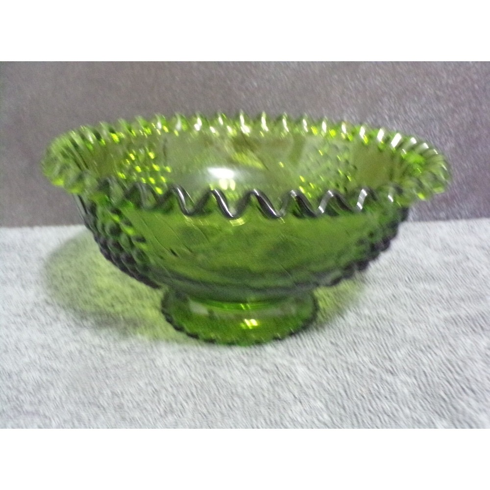 Vintage Footed Indiana Green Serving Bowl Etched Flowers Ruffle Edge